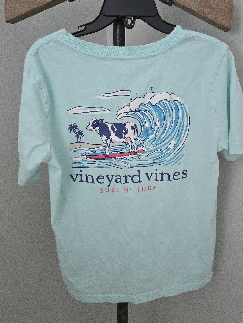 Vineyard Vines Kids Surf N' Turf Tee - Aqua with Cow And Wave Graphic Size 6